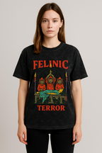Felinic Terror streetwear tee featuring a bold graphic design with vibrant colors