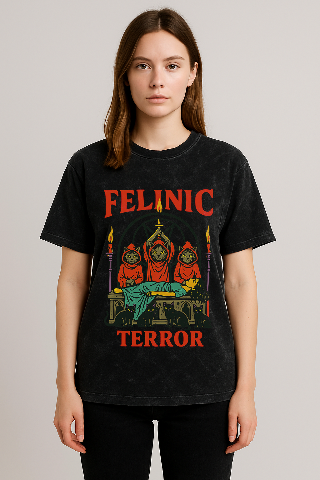 Felinic Terror streetwear tee featuring a bold graphic design with vibrant colors