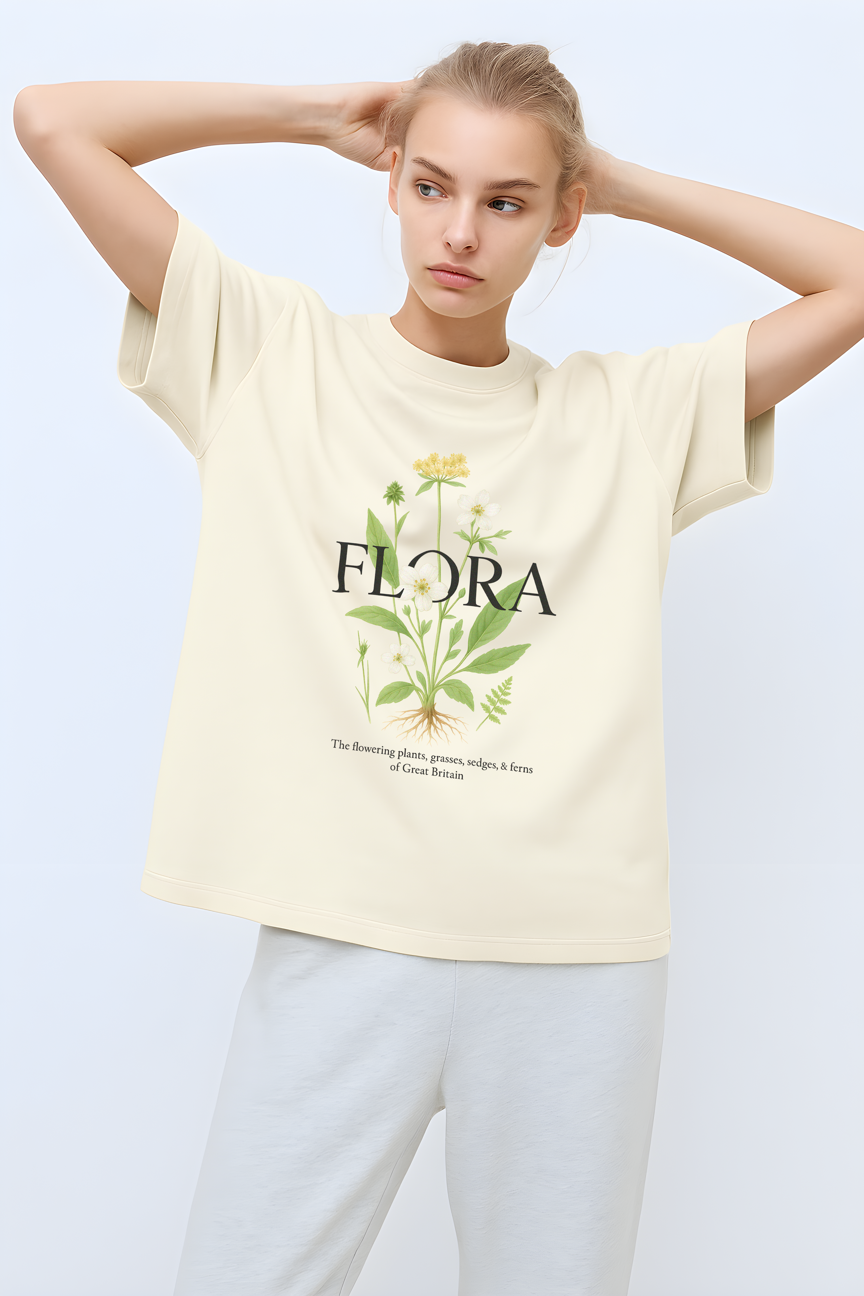 Flora Oversized T-Shirt in soft cream with floral design and relaxed fit for casual wear