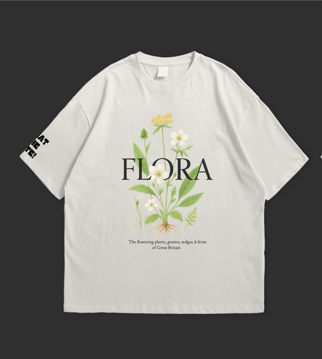 Flora Oversized T-Shirt featuring floral design and text about British plants