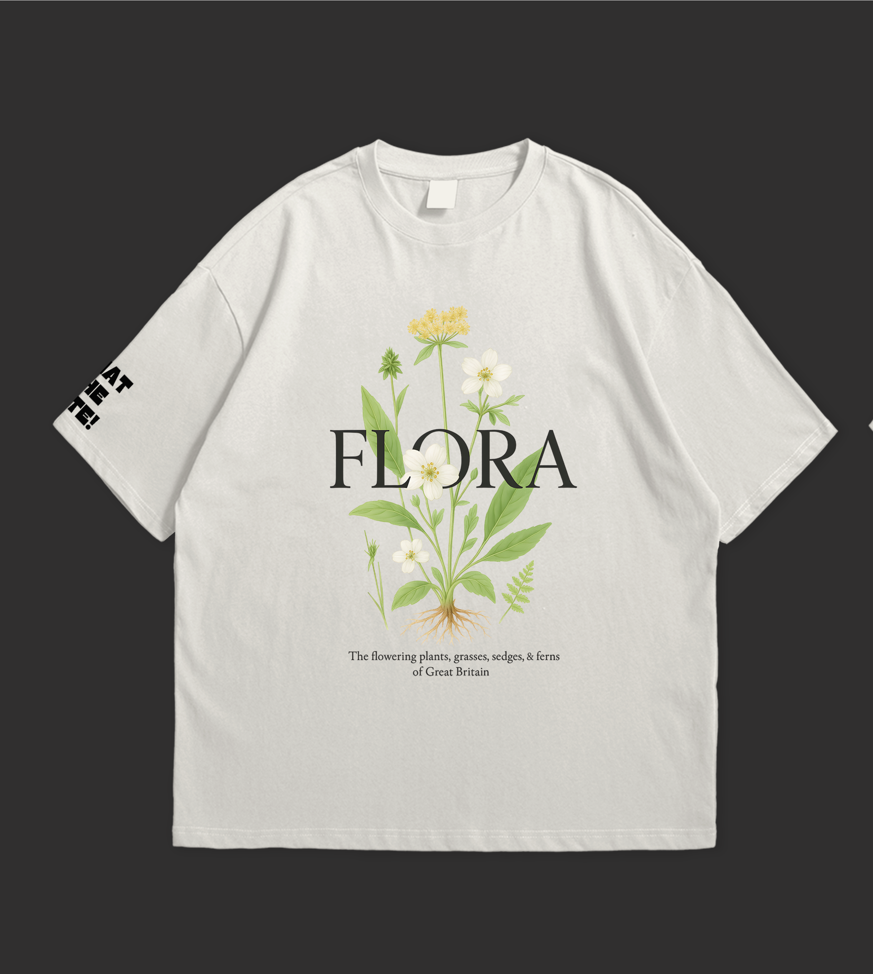 Flora Oversized T-Shirt featuring floral design and text about British plants