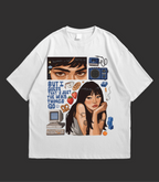 White t-shirt with graphic design on front and back