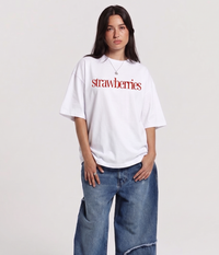 WHAT THE FATE Oversize White Graphic Tee Clothing with Red Strawberries Print