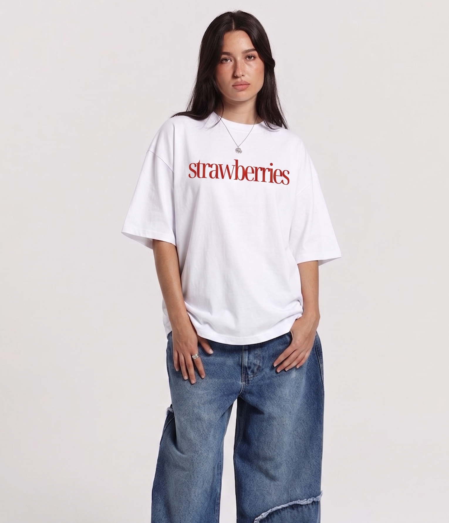 WHAT THE FATE Oversize White Graphic Tee Clothing with Red Strawberries Print