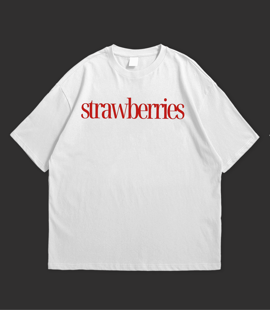 WHAT THE FATE Oversize White Graphic Tee Clothing featuring red 'strawberries' text design