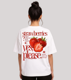 Oversized graphic tee clothing featuring a vibrant strawberry design and playful text on the back