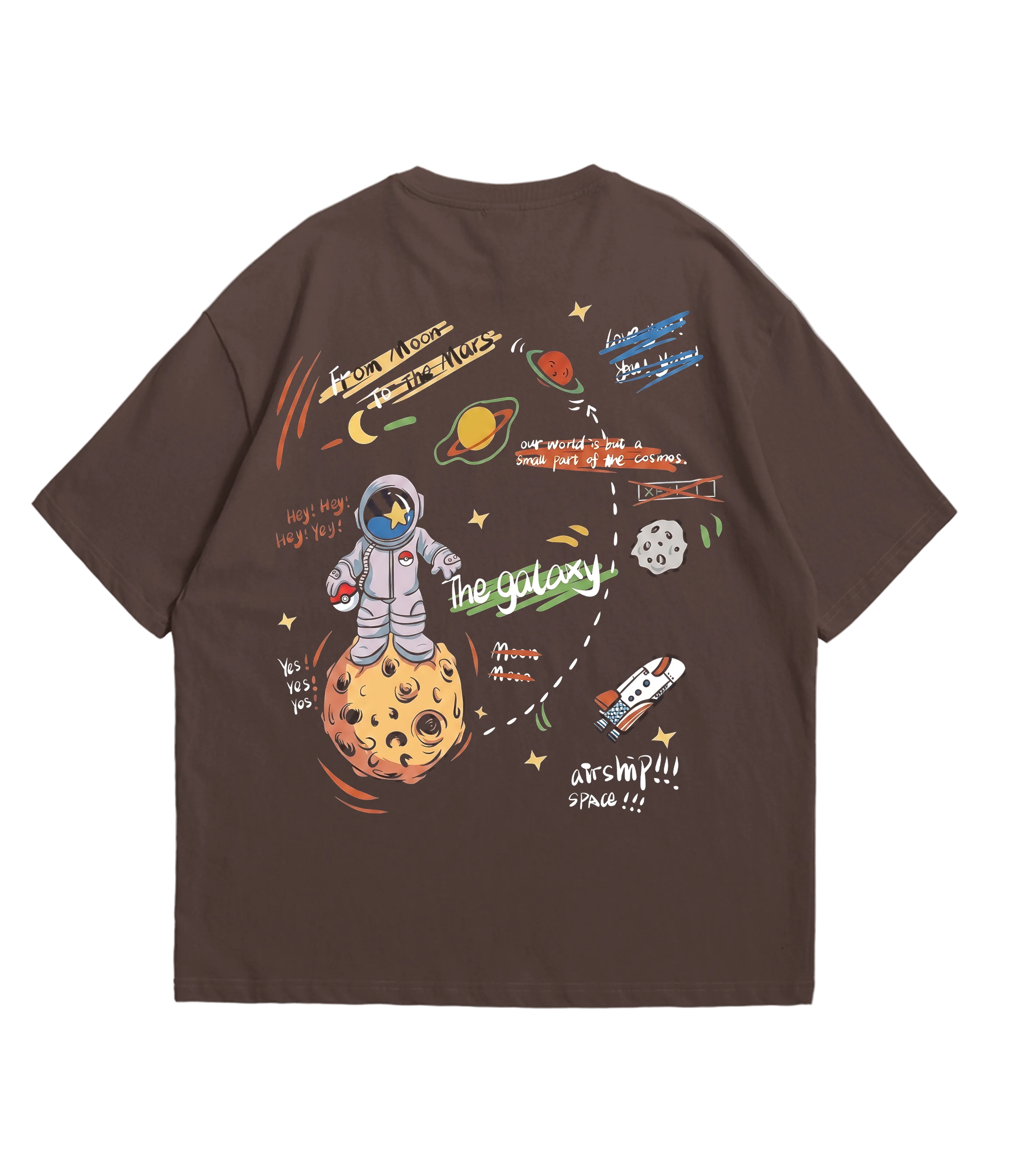 Brown Oversize Guardians of Galaxy T-Shirt featuring colorful space graphics and an astronaut design