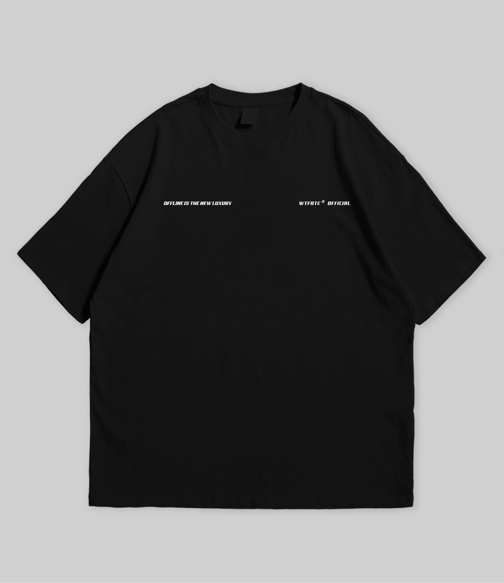 Black t-shirt with graphic design on front and text on back, displayed against a gray background.