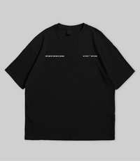 Black t-shirt with graphic design on front and text on back, displayed against a gray background.