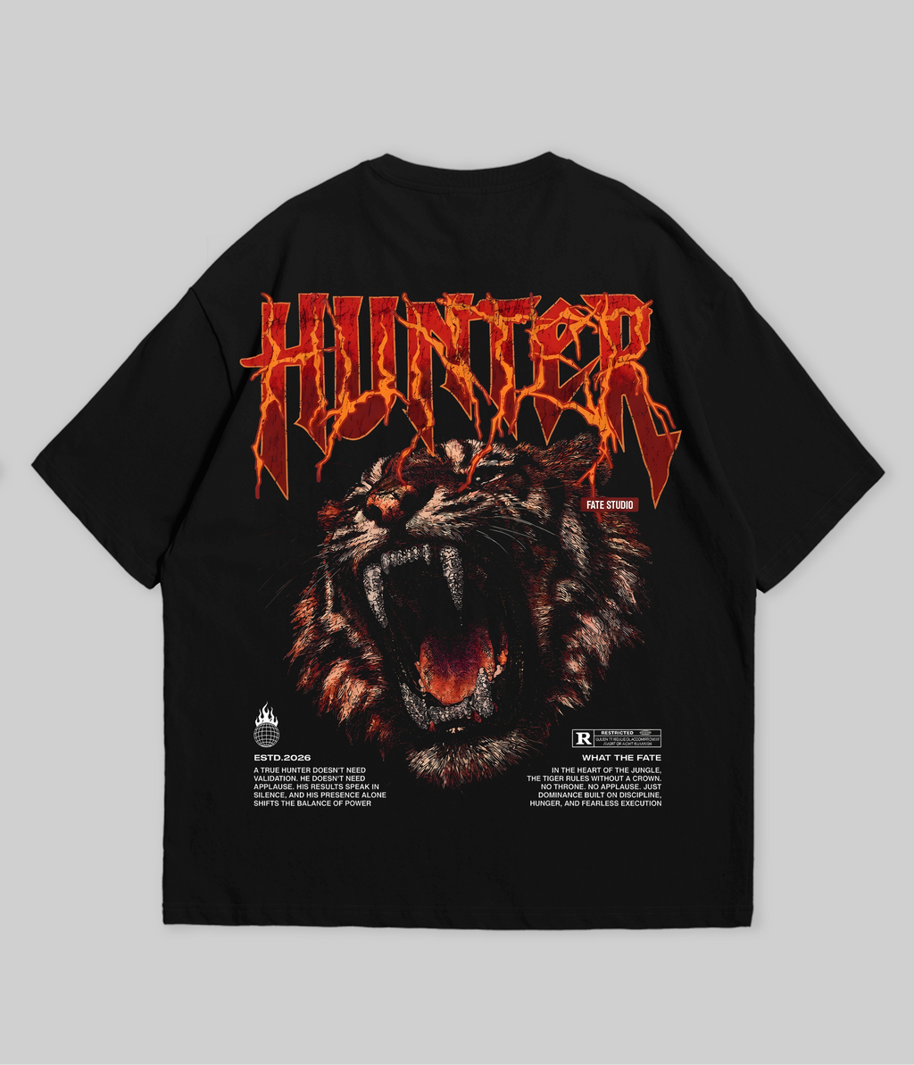 Black t-shirt with 'Hunter' graphic design on a gray background