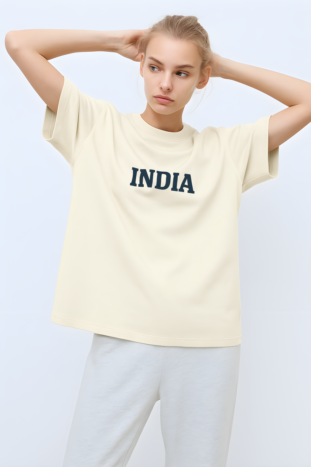 Incredible India oversized t-shirt in light cream featuring bold 'INDIA' lettering