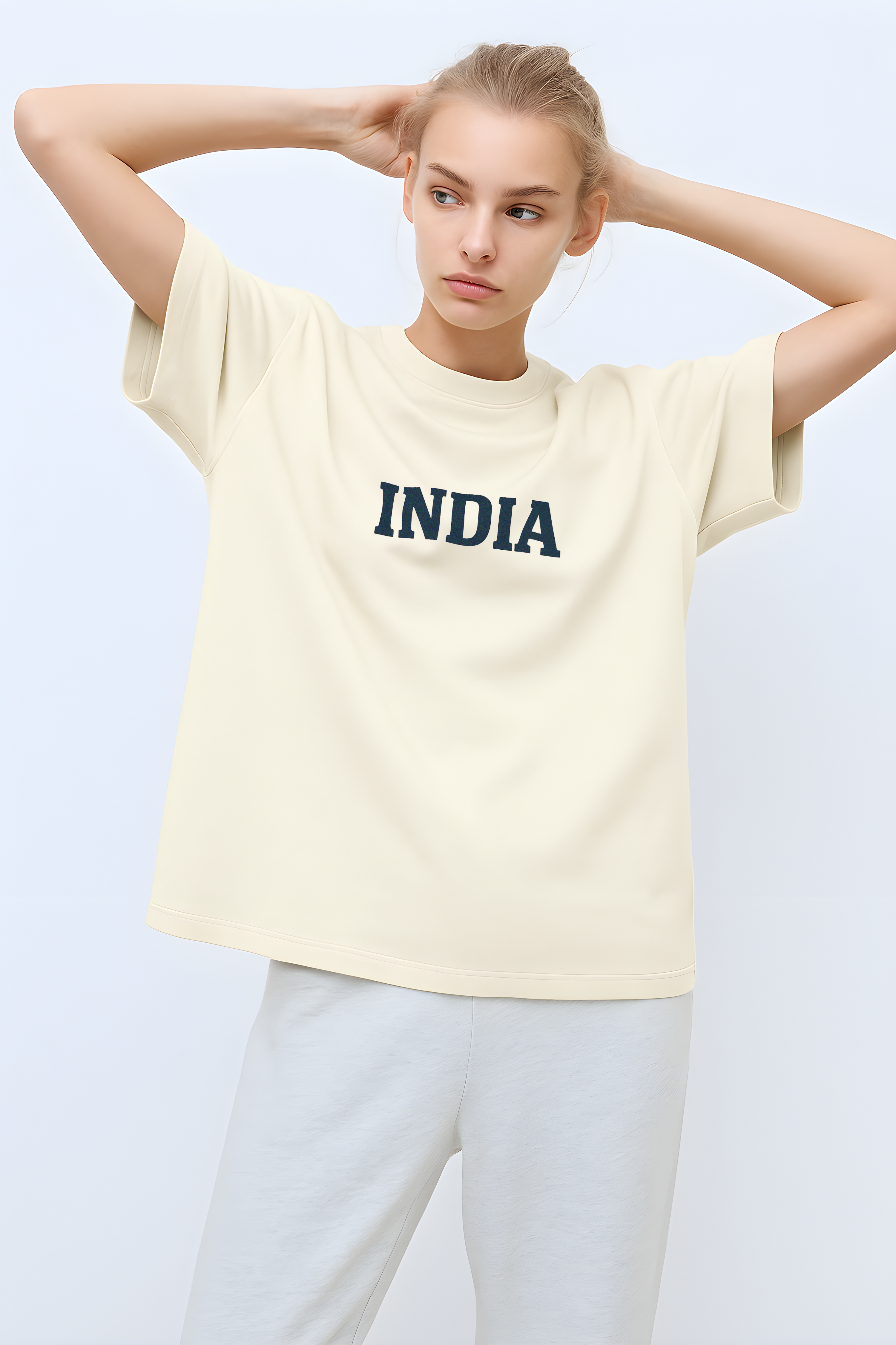 Incredible India oversized t-shirt in light cream featuring bold 'INDIA' lettering