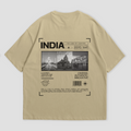 WHAT THE FATE India Legends oversized t-shirt in black, showcasing 'INDIA' text on the front and iconic Indian landmarks graphic on the back, 240 GSM terry cotton streetwear style