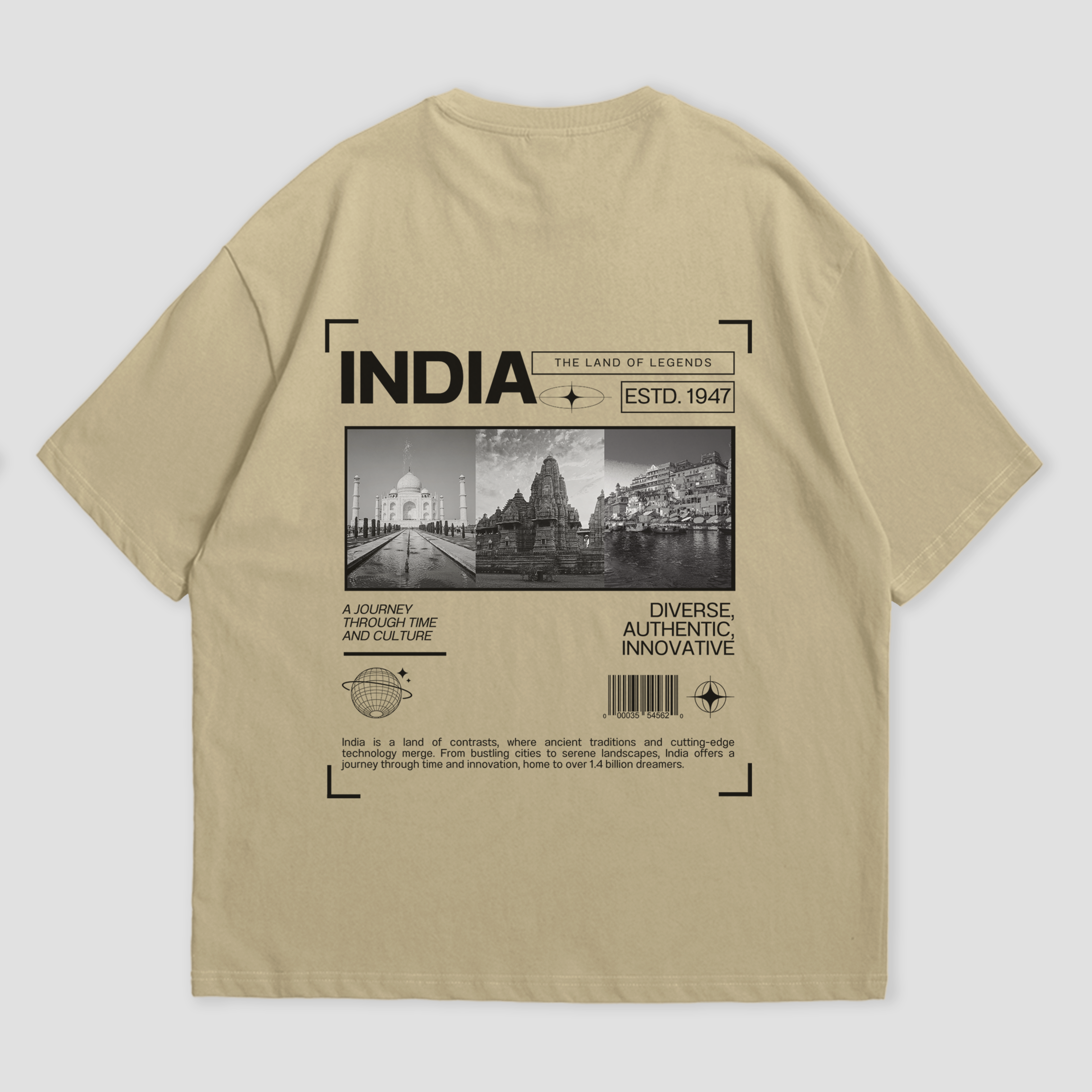 WHAT THE FATE India Legends oversized t-shirt in black, showcasing 'INDIA' text on the front and iconic Indian landmarks graphic on the back, 240 GSM terry cotton streetwear style