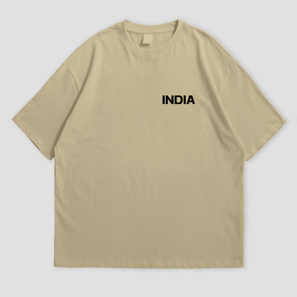 WHAT THE FATE India Legends oversized t-shirt in black, showcasing 'INDIA' text on the front and iconic Indian landmarks graphic on the back, 240 GSM terry cotton streetwear style