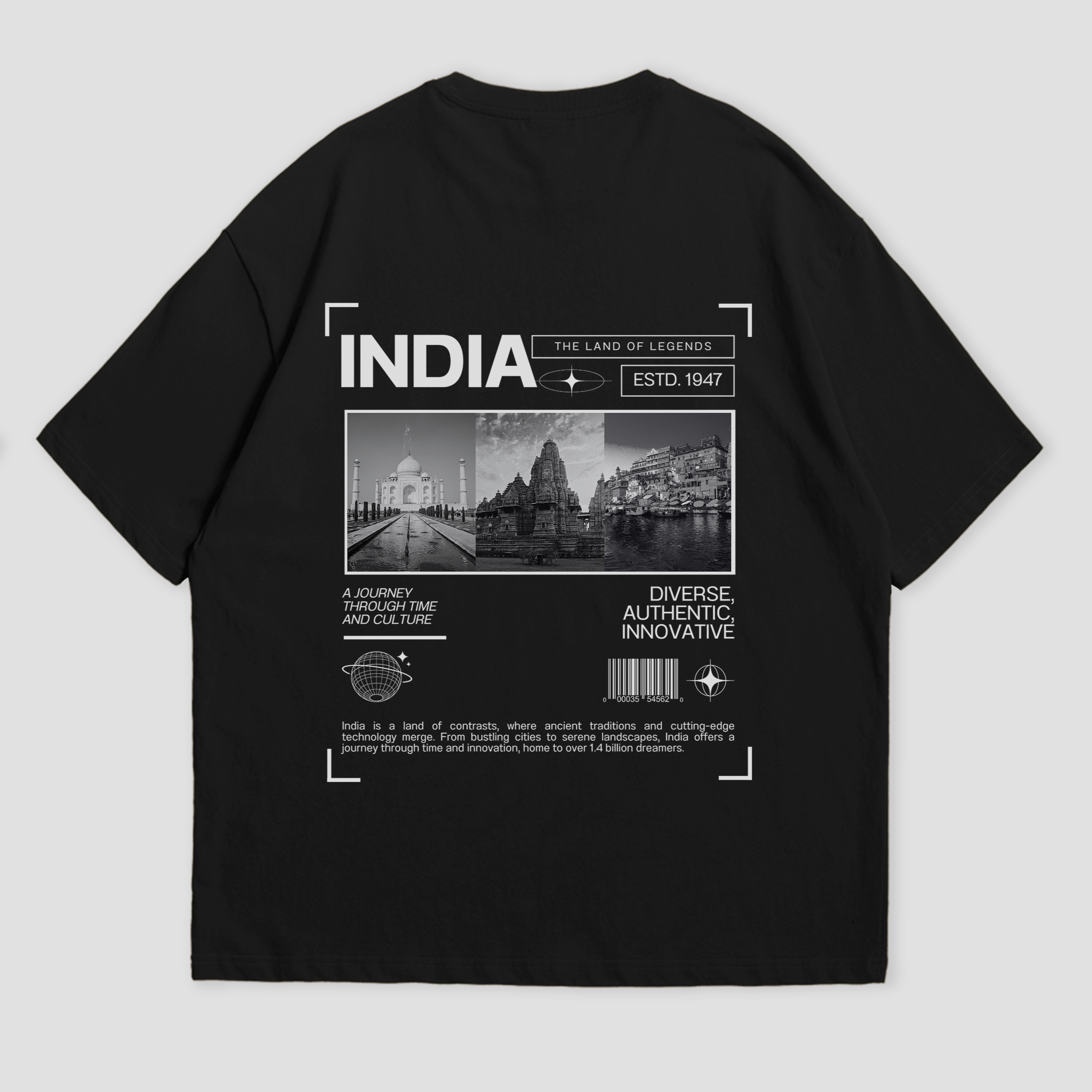 WHAT THE FATE India Legends oversized t-shirt in black, showcasing 'INDIA' text on the front and iconic Indian landmarks graphic on the back, 240 GSM terry cotton streetwear style
