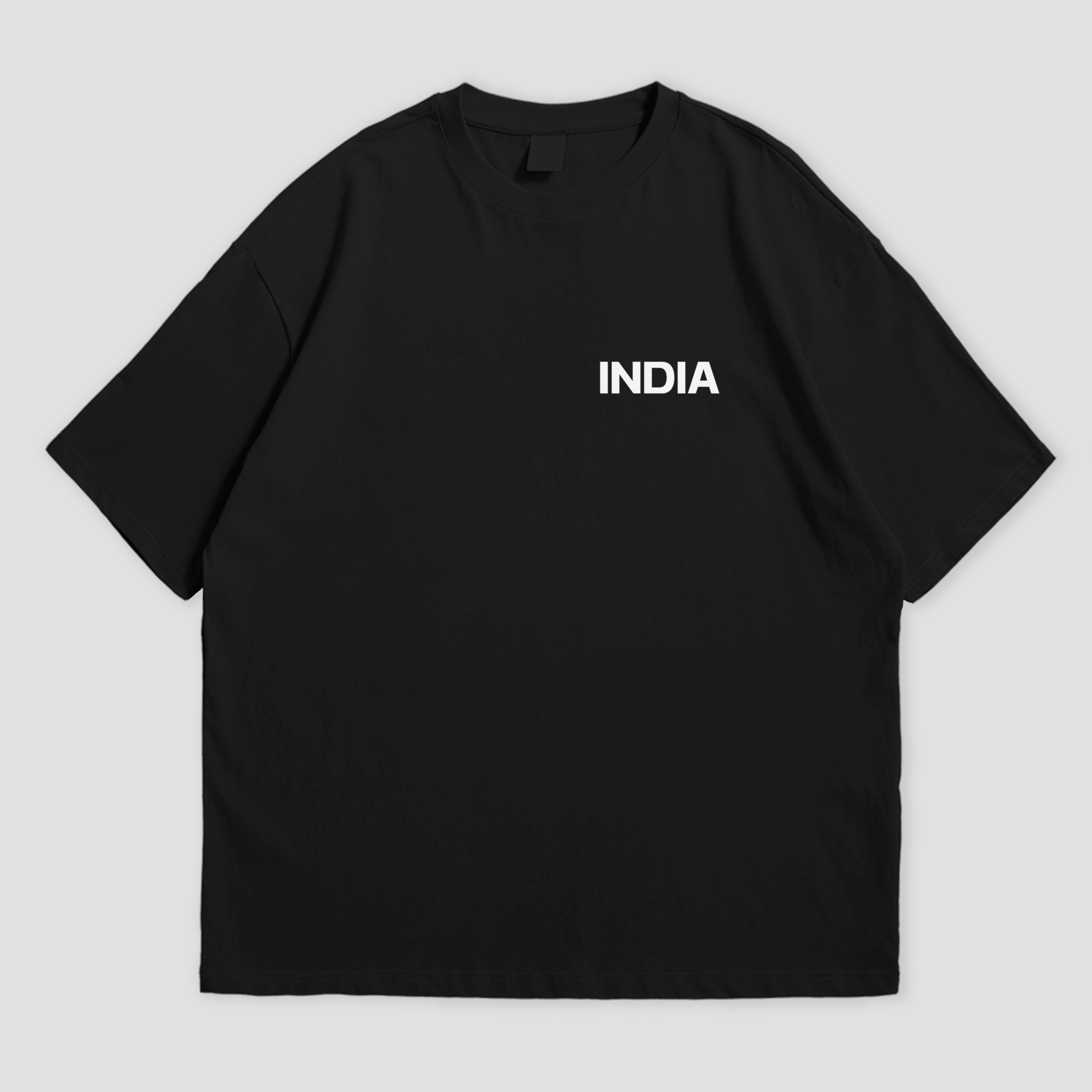 WHAT THE FATE India Legends oversized t-shirt in black, showcasing 'INDIA' text on the front and iconic Indian landmarks graphic on the back, 240 GSM terry cotton streetwear style