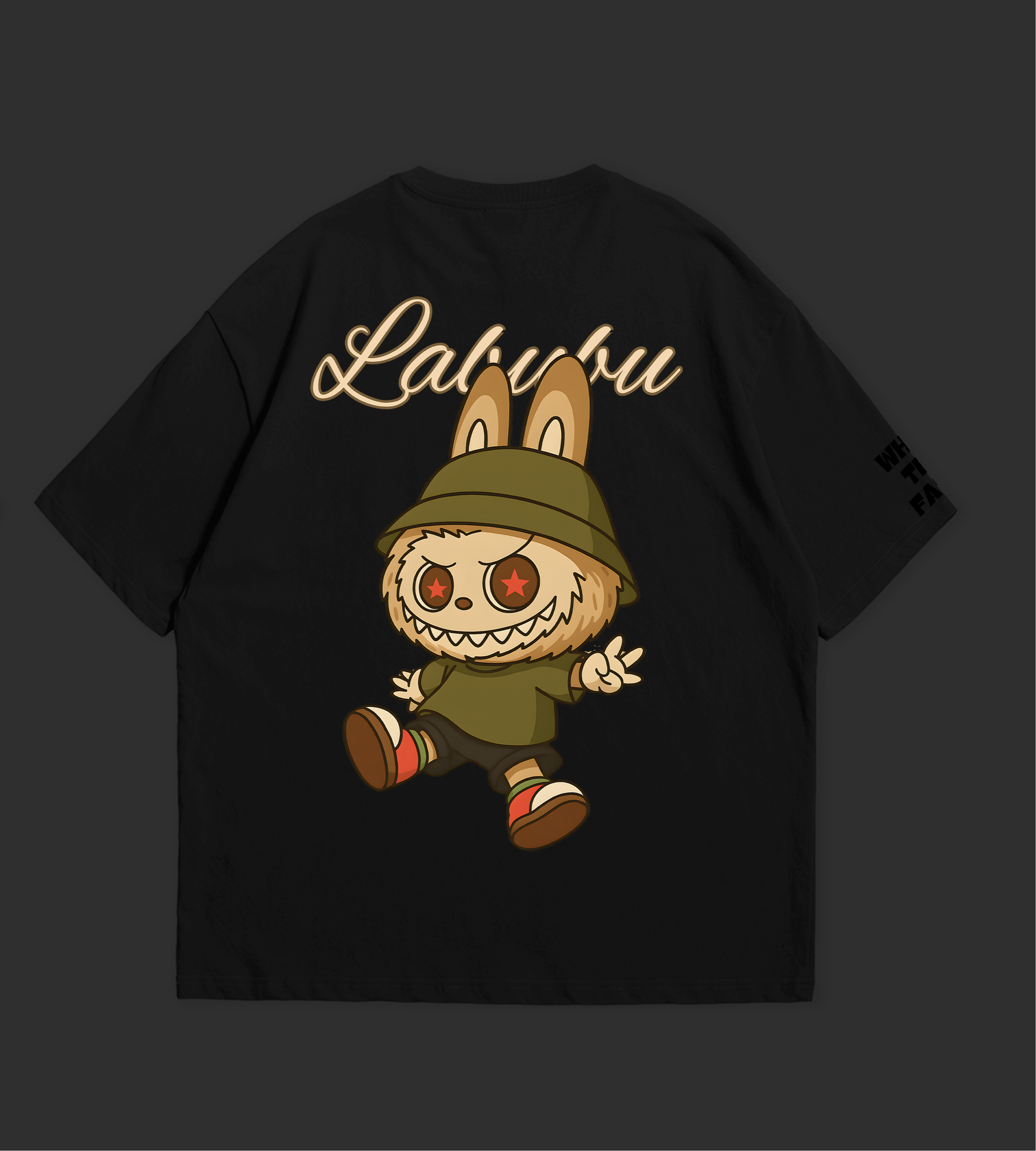 Black oversize Labubu limited edition shirt with cartoon character and cursive Labubu text on back