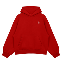Red hoodie with a small logo on the chest against a white background