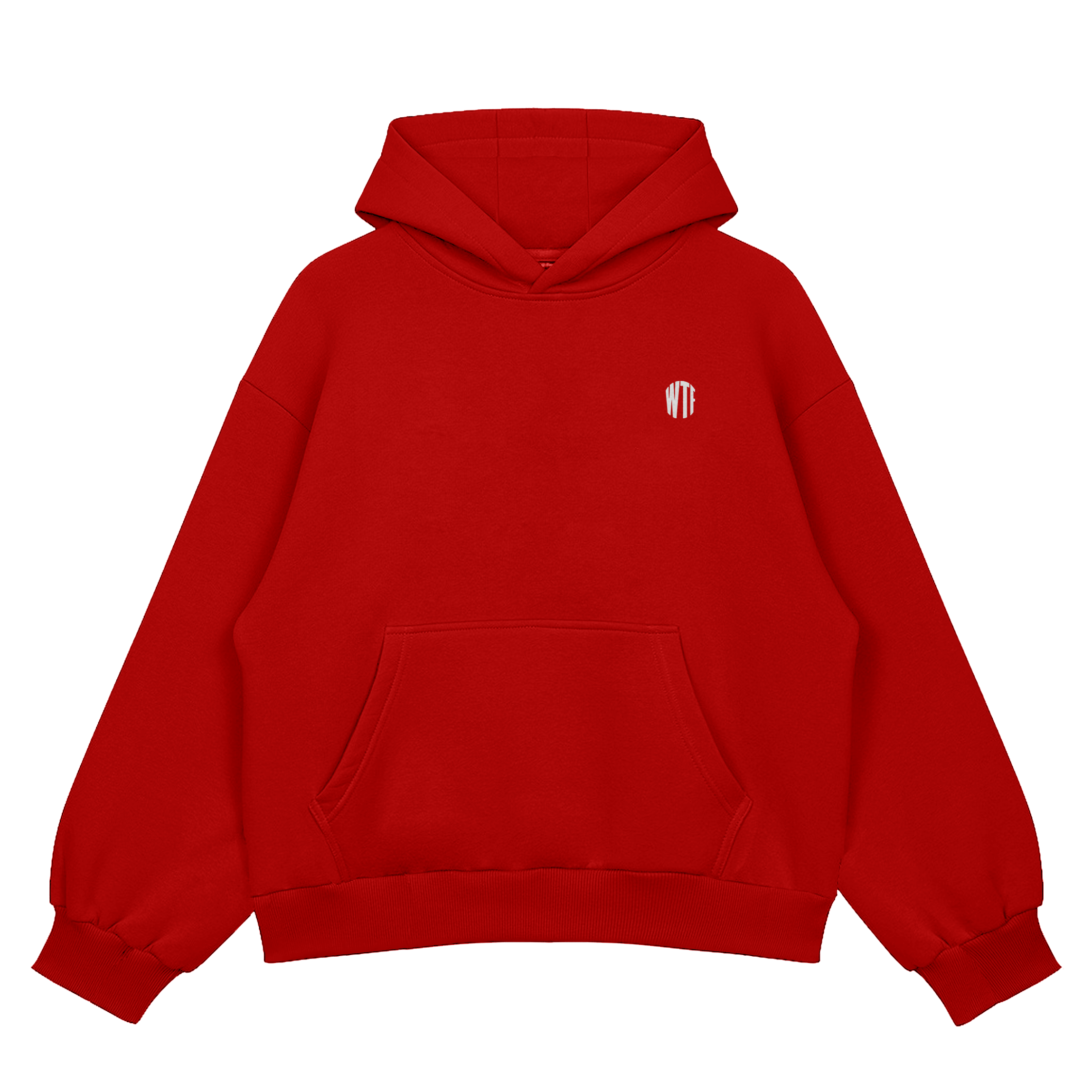 Red hoodie with a small logo on the chest against a white background