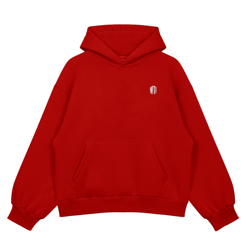 Red hoodie with a small logo on the chest against a white background