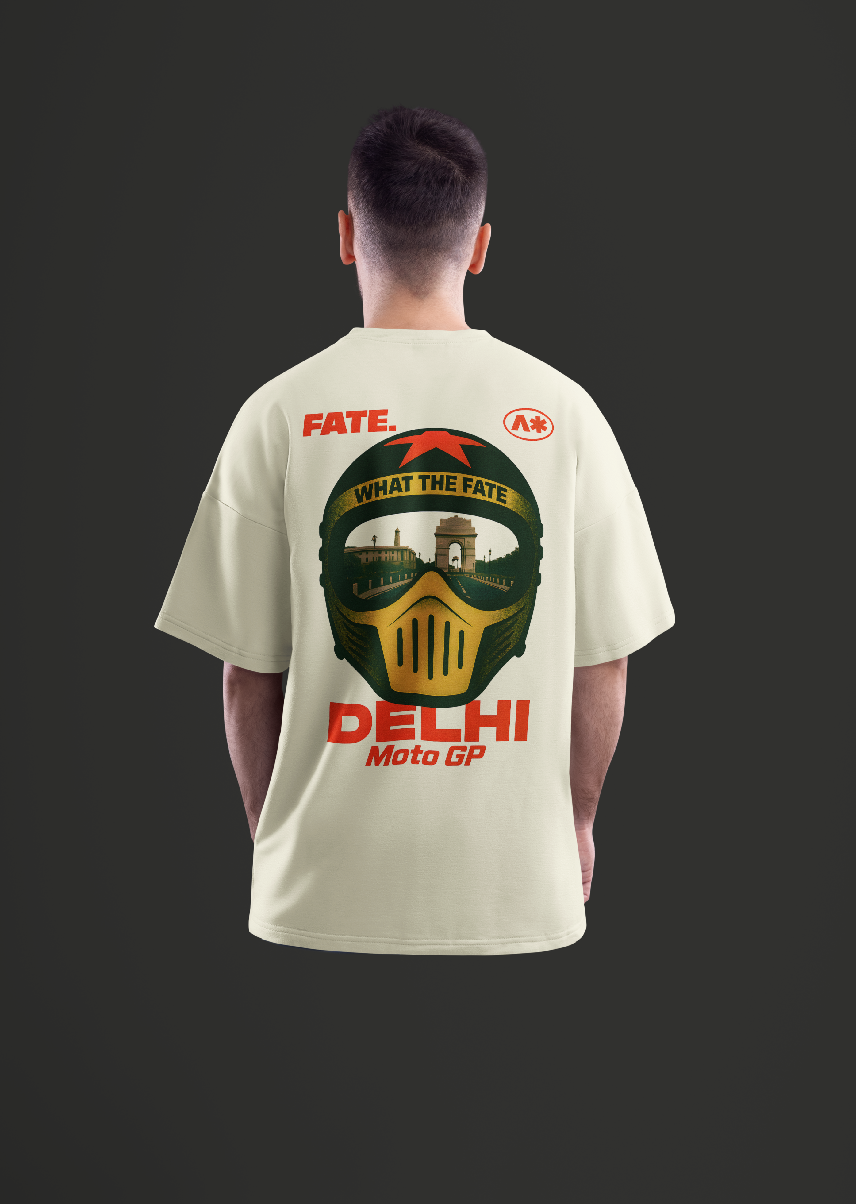 Person wearing a white t-shirt with 'Fate Delhi Moto GP' design on the back