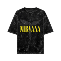 WHAT THE FATE Nirvana Angel oversized tee in black with winged angel graphic and bold yellow text