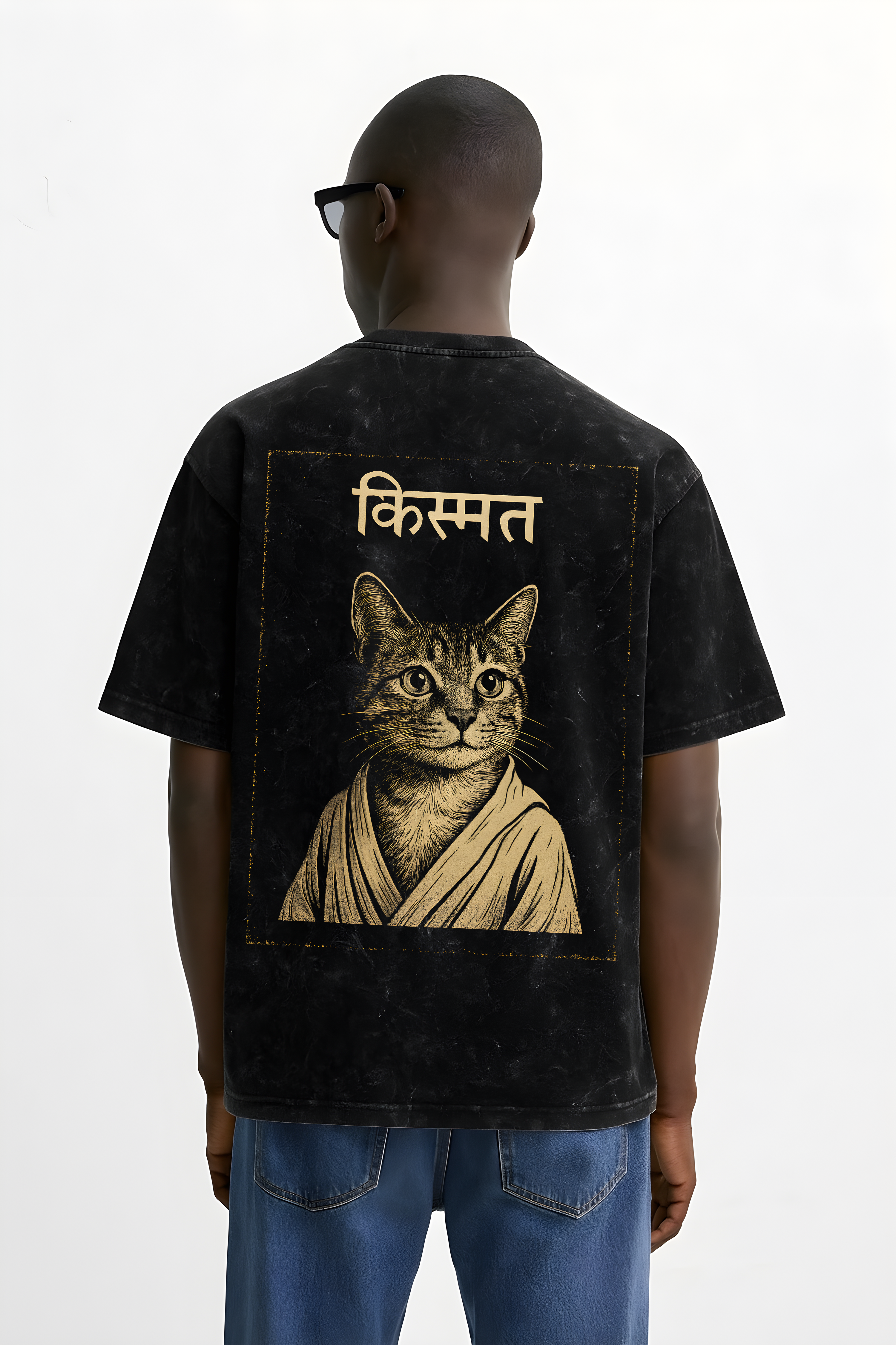 WHAT THE FATE oversized cat graphic tee featuring a stylized cat design on the back
