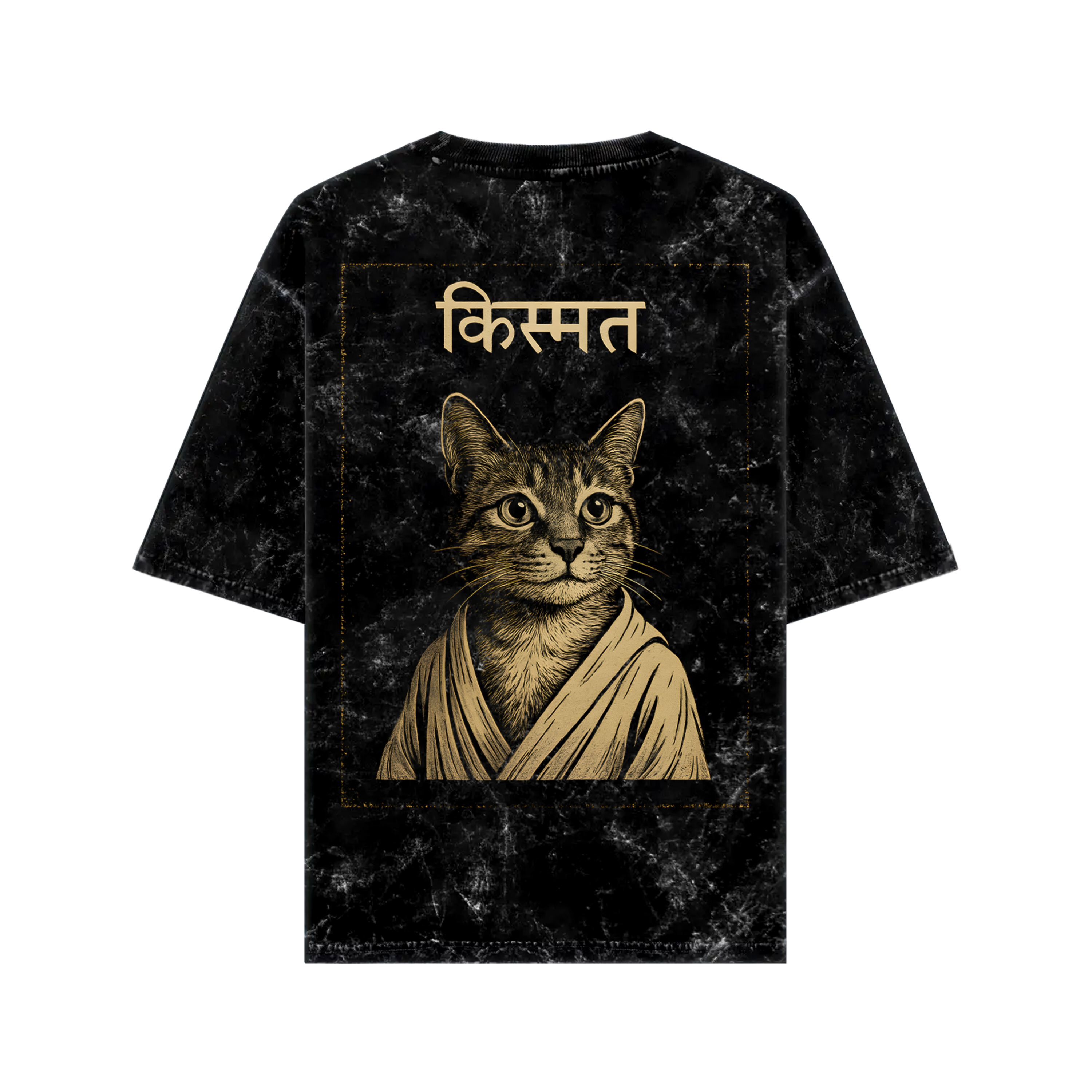 WHAT THE FATE oversized cat graphic tee featuring a vintage cat design on a black background