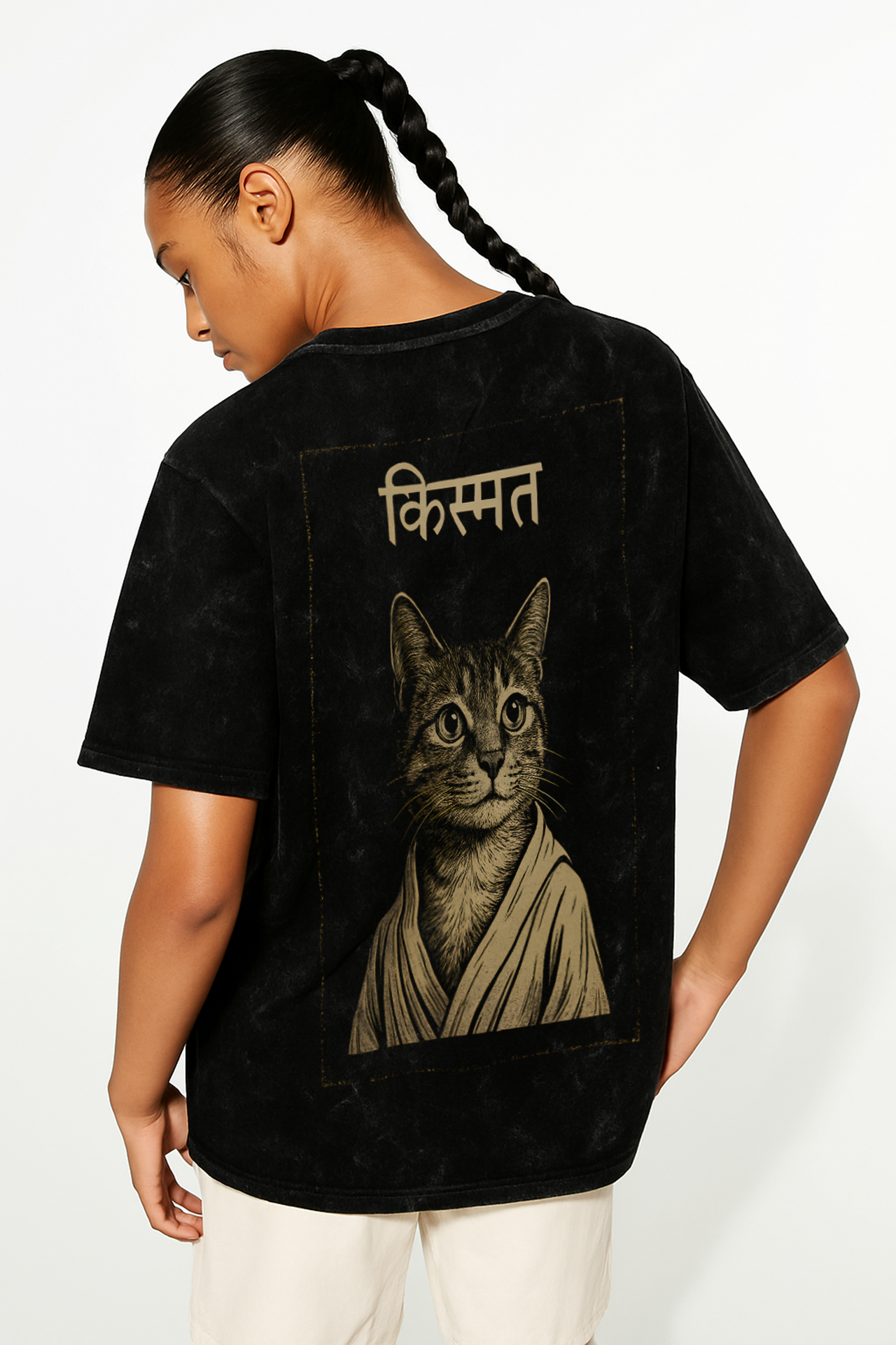 Black oversized cat graphic tee featuring a stylish cat illustration and unique design from WHAT THE FATE
