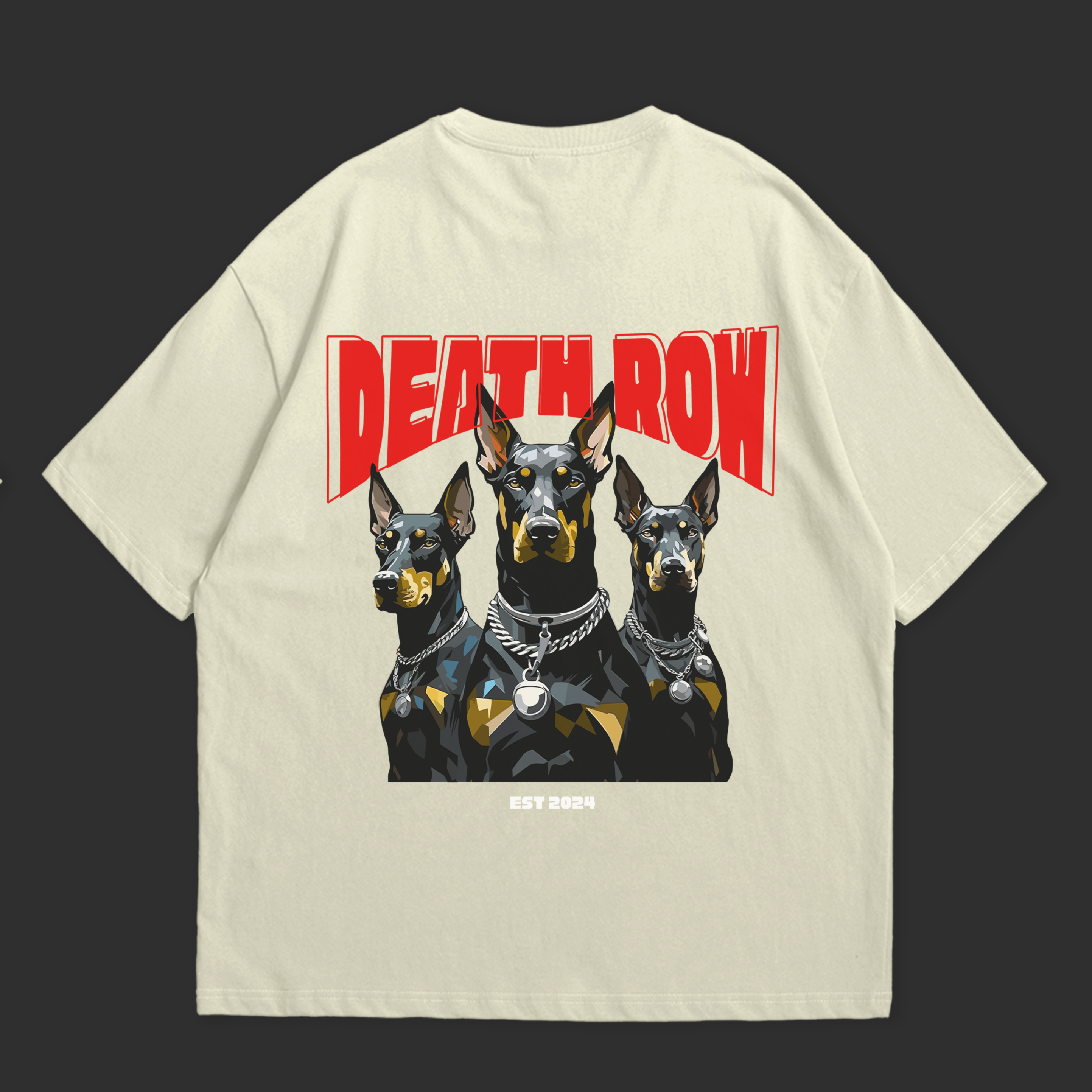 Oversized Doberman graphic t-shirt featuring a bold design with three Dobermans and 'DEATH ROW' lettering