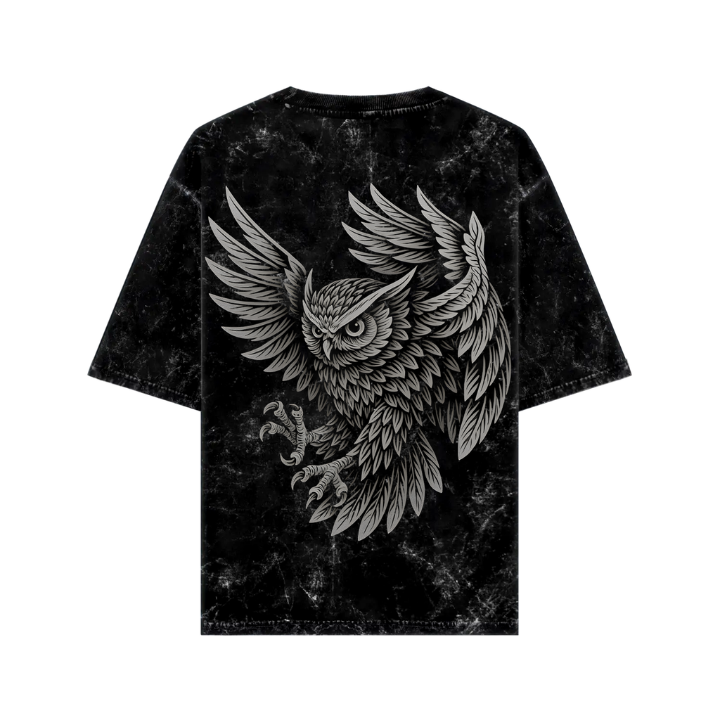 WHAT THE FATE oversized owl graphic tee featuring a detailed flying owl design on a black background