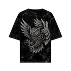 WHAT THE FATE oversized owl graphic tee featuring a detailed flying owl design on a black background