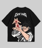 WHAT THE FATE oversized t-shirt featuring striking graphic art and bold colors on the back
