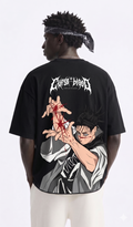 WHAT THE FATE oversized t-shirt featuring a striking anime design with blood splatter on the back