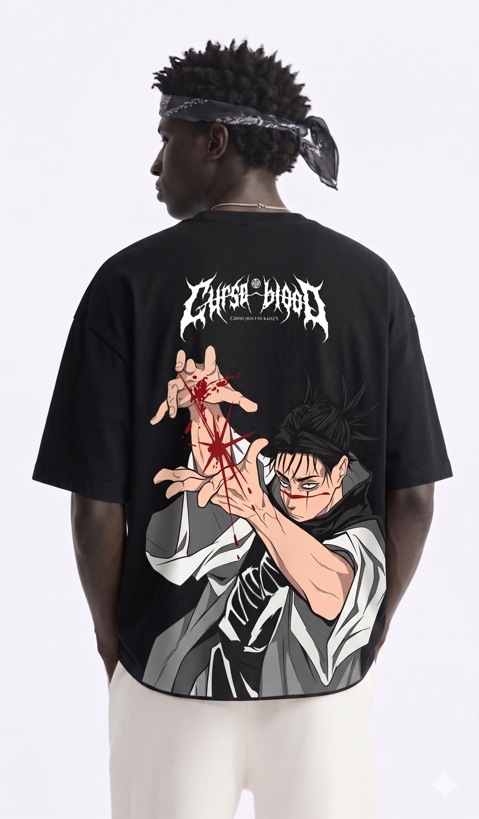 WHAT THE FATE oversized t-shirt featuring a striking anime design with blood splatter on the back
