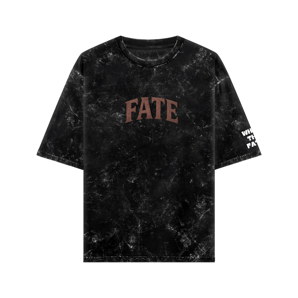 Oversized black t-shirt with Pegasus graphic streetwear and FATE text on the front from WHAT THE FATE
