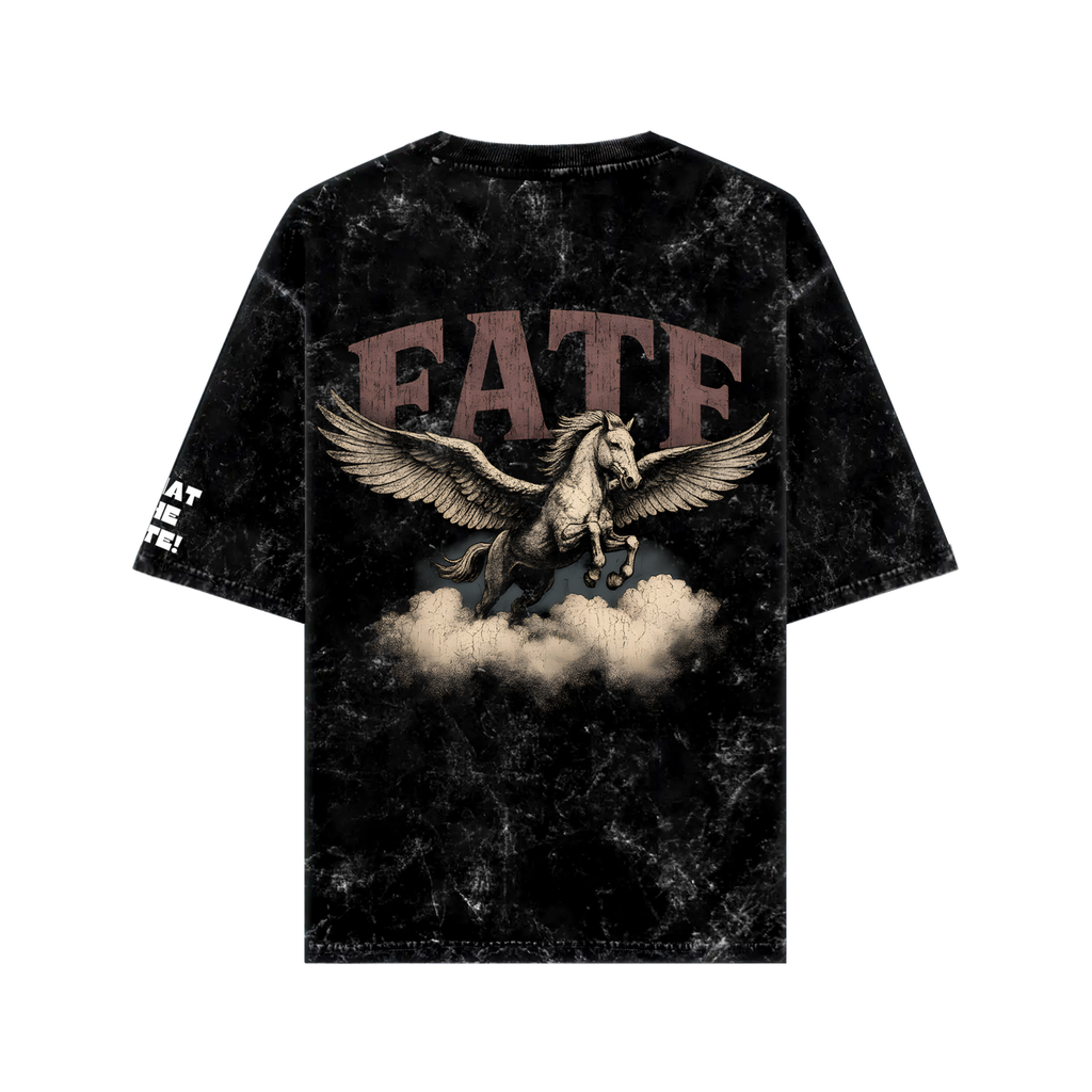 WHAT THE FATE Oversize T-shirt featuring Pegasus graphic streetwear design on a black background