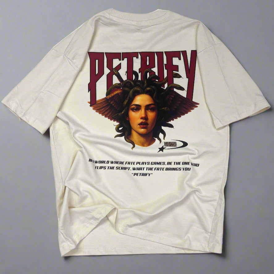 WHAT THE FATE Petrify Medusa streetwear shirt featuring bold graphic design and oversized fit