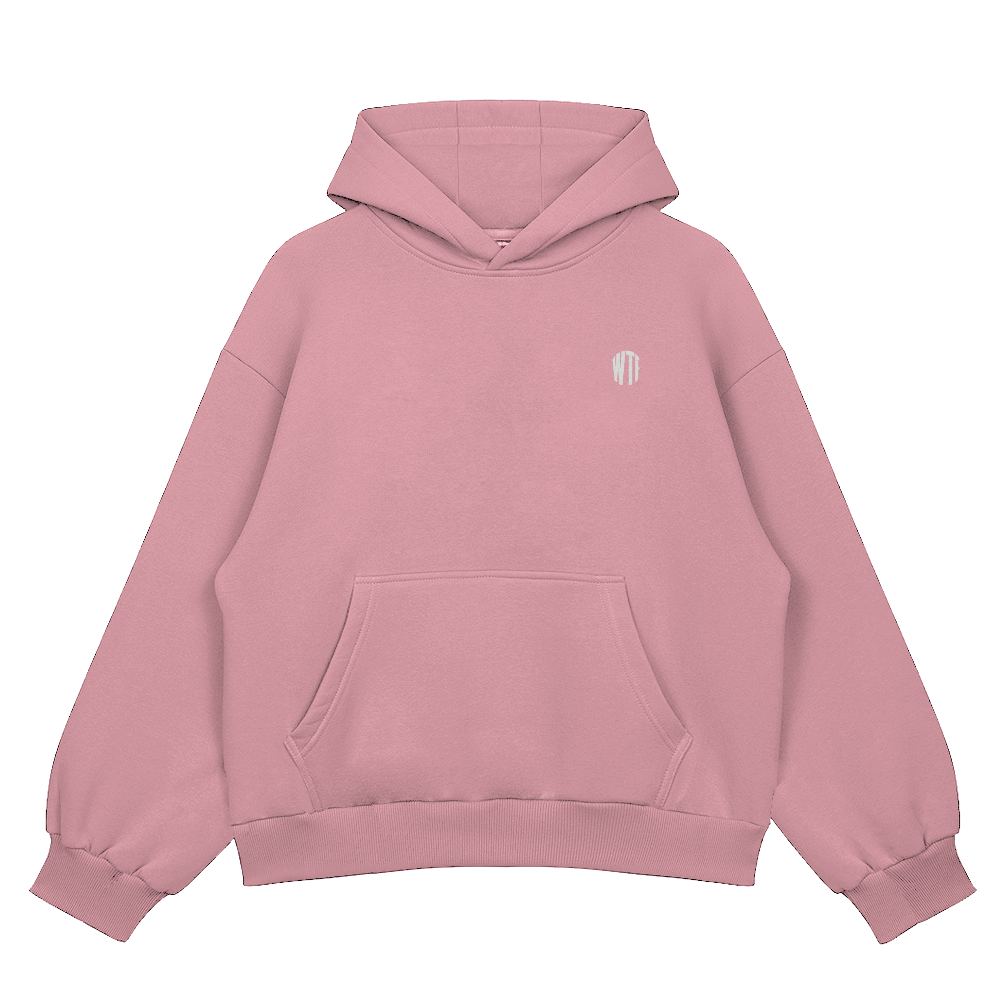 Pink hoodie with a small logo on a white background