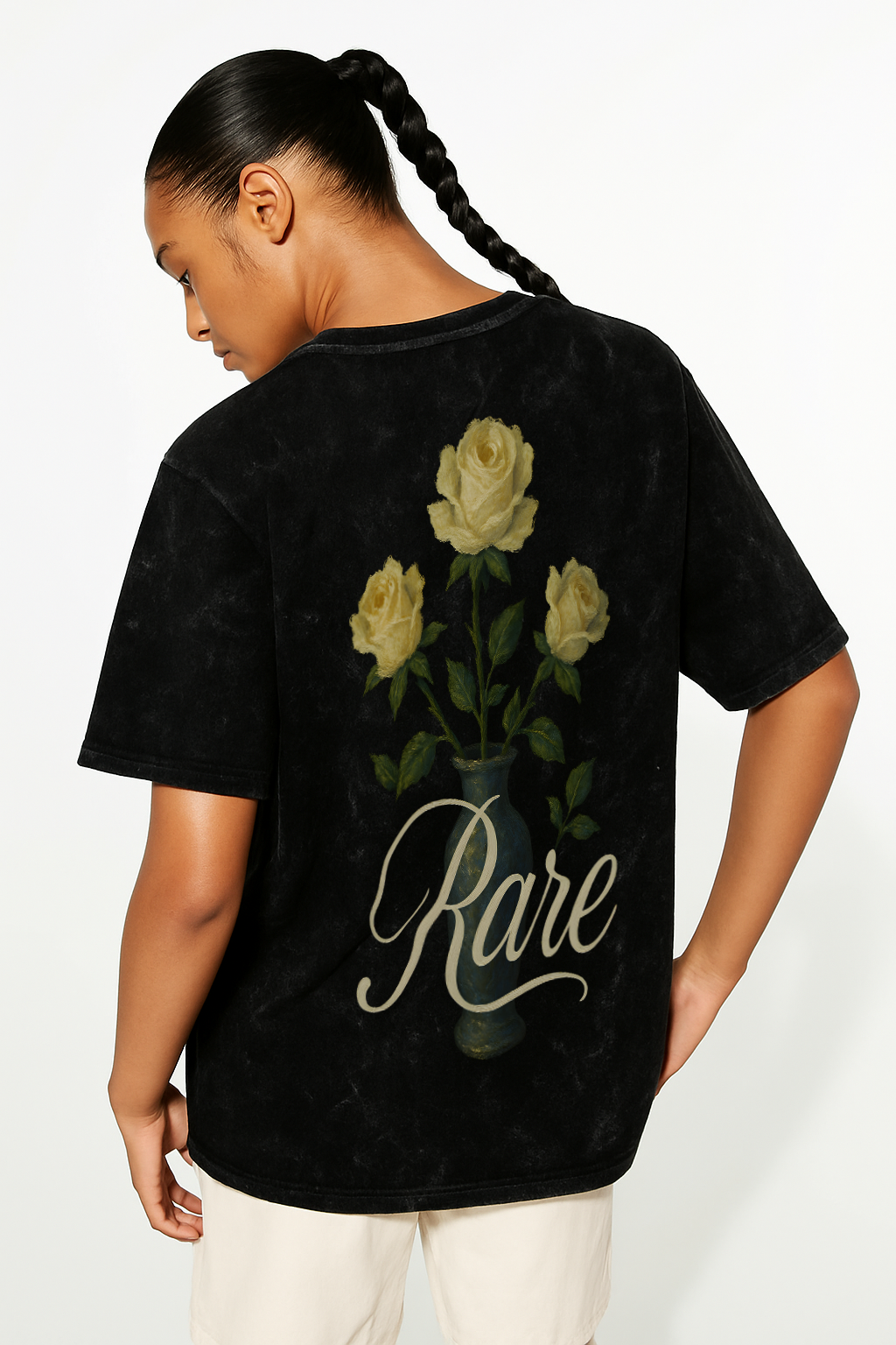 WHAT THE FATE rare rose streetwear shirt featuring a floral design on a black oversized top