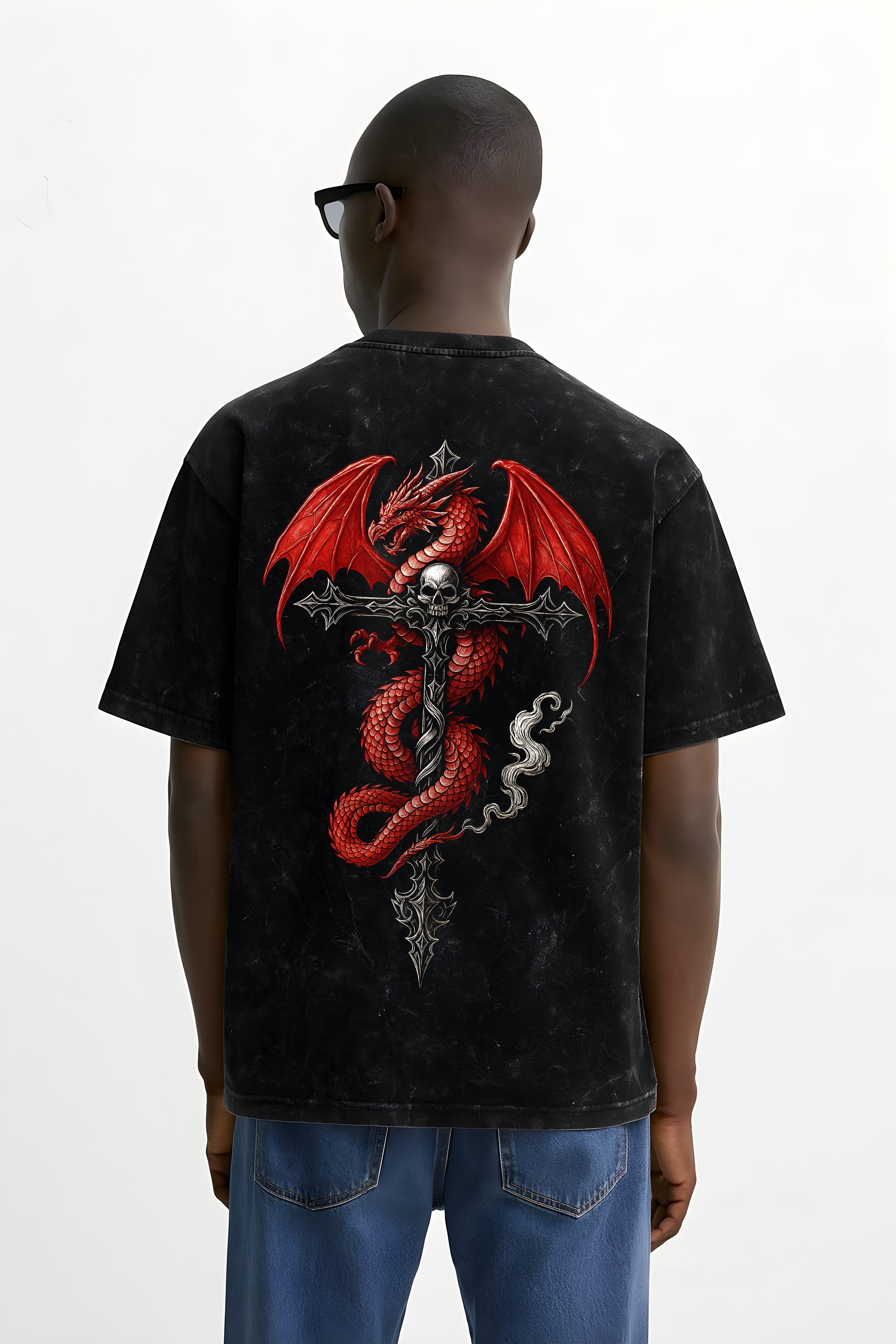 Back view of WHAT THE FATE red dragon graphic tee featuring vibrant red dragon design on black fabric