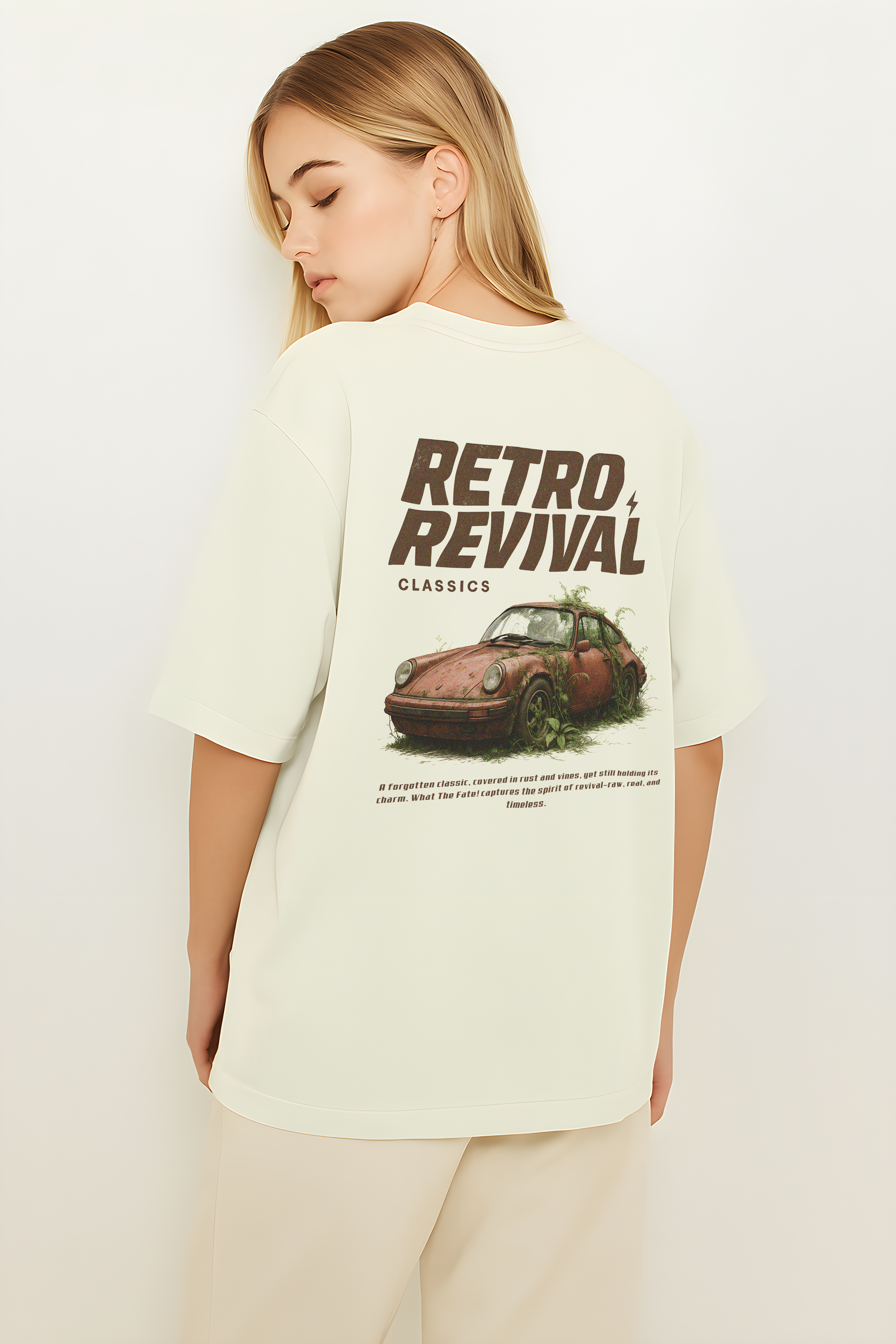 WHAT THE FATE Retro Revival Oversized T-Shirt featuring a vintage car graphic on the back