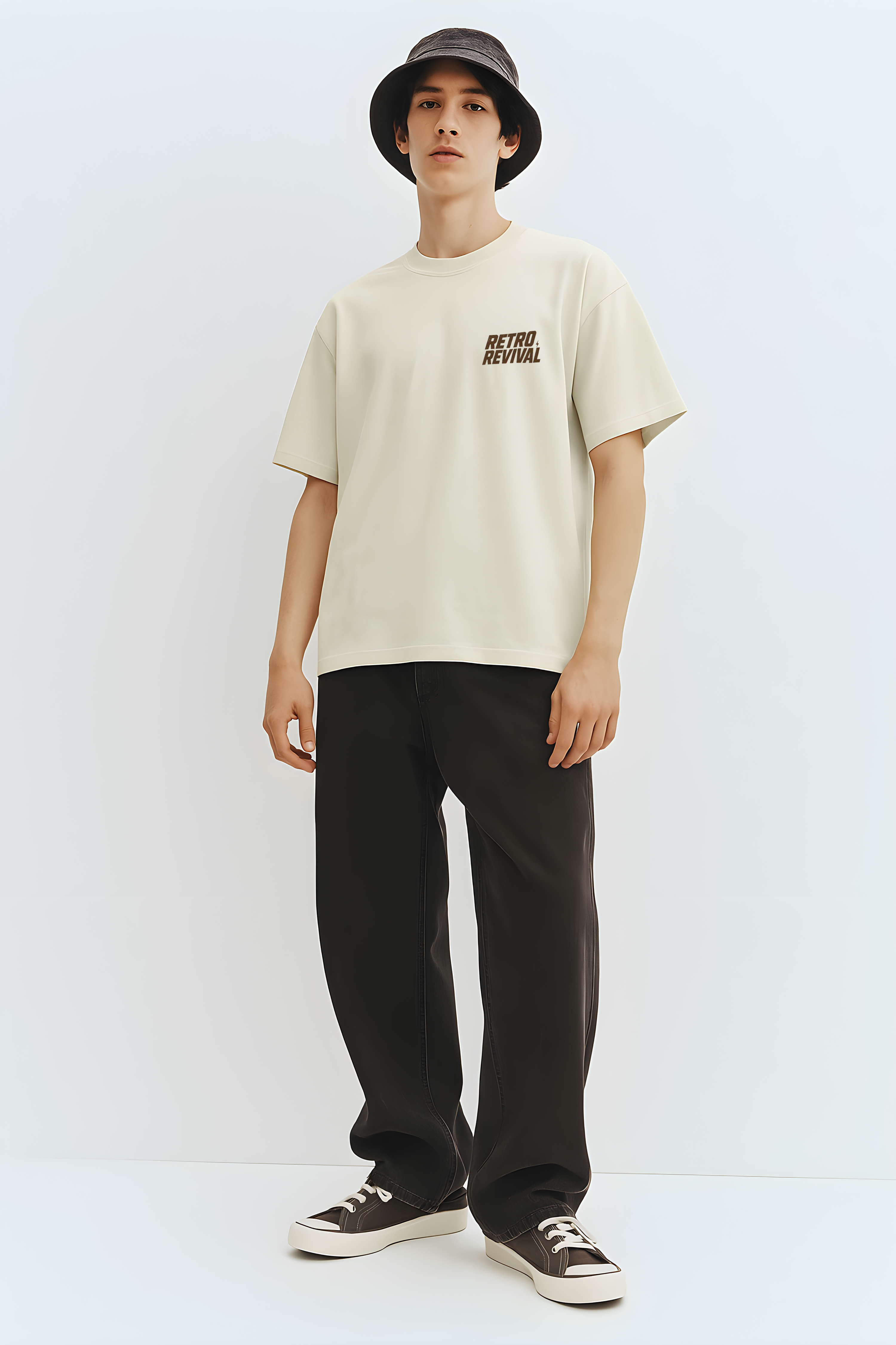 WHAT THE FATE retro revival oversized t-shirt in cream color, model wearing it with black pants and bucket hat