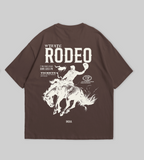 Brown t-shirt with white graphic design on a gray background