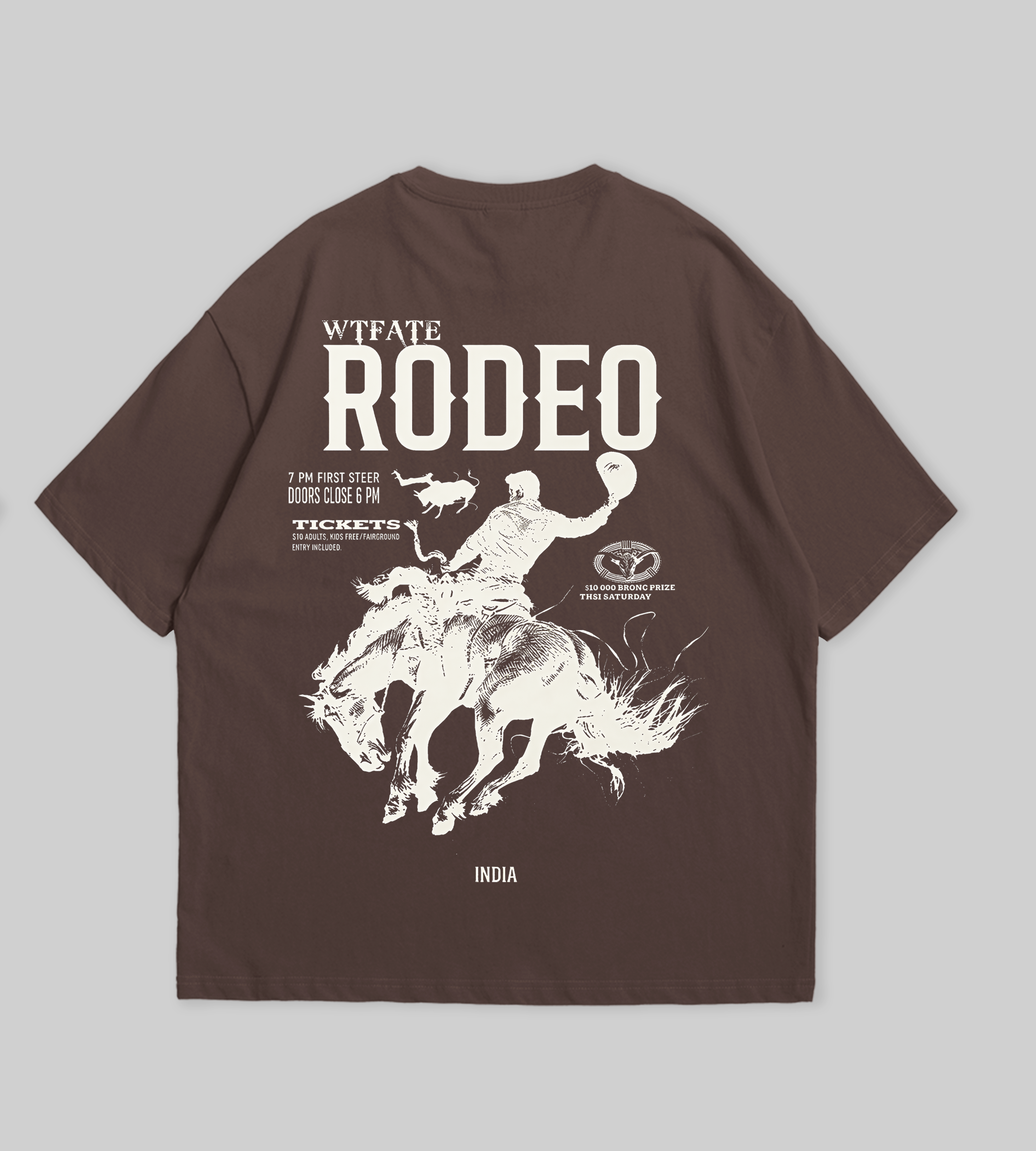 Brown t-shirt with white graphic design on a gray background