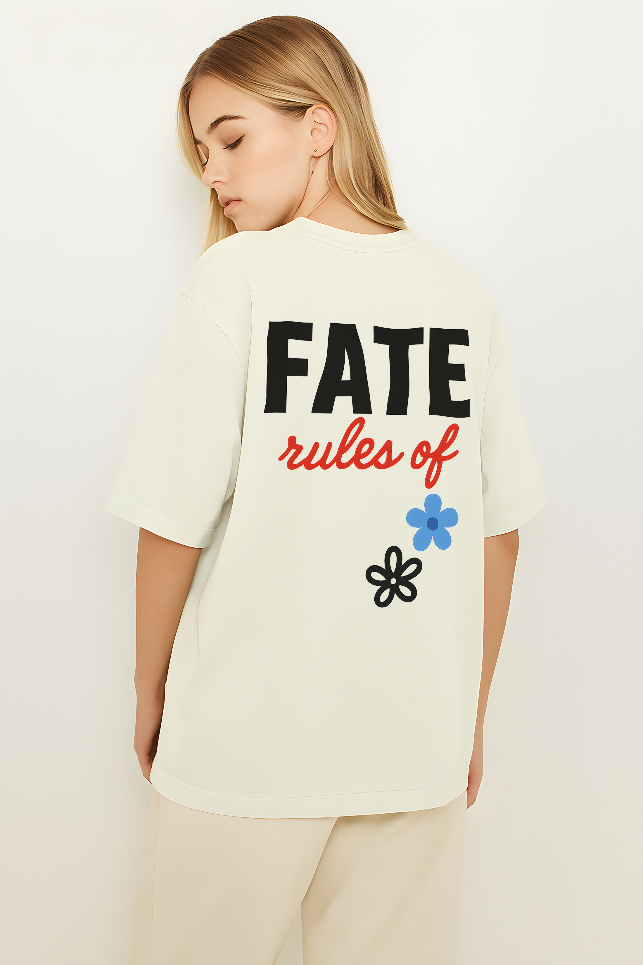 Rules of Fate Oversized T-Shirt in cream with colorful graphic print on the back