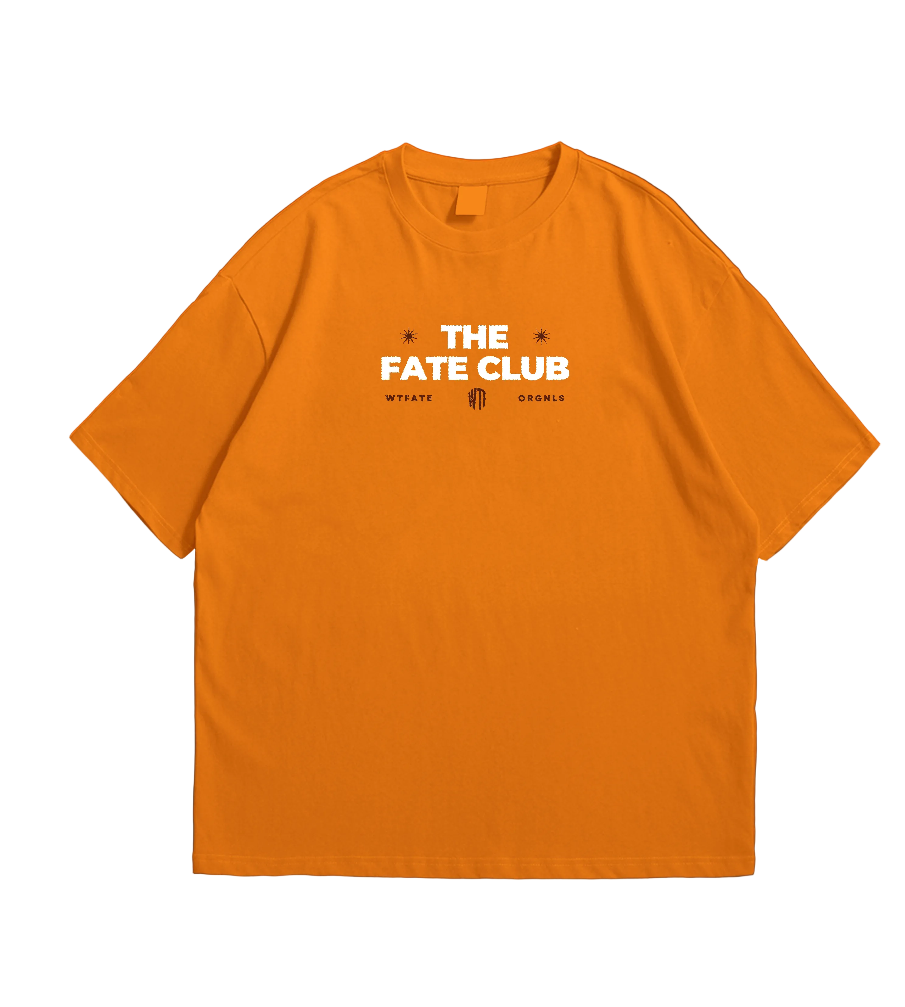 Orange t-shirt with 'The Fate Club' text on a black background