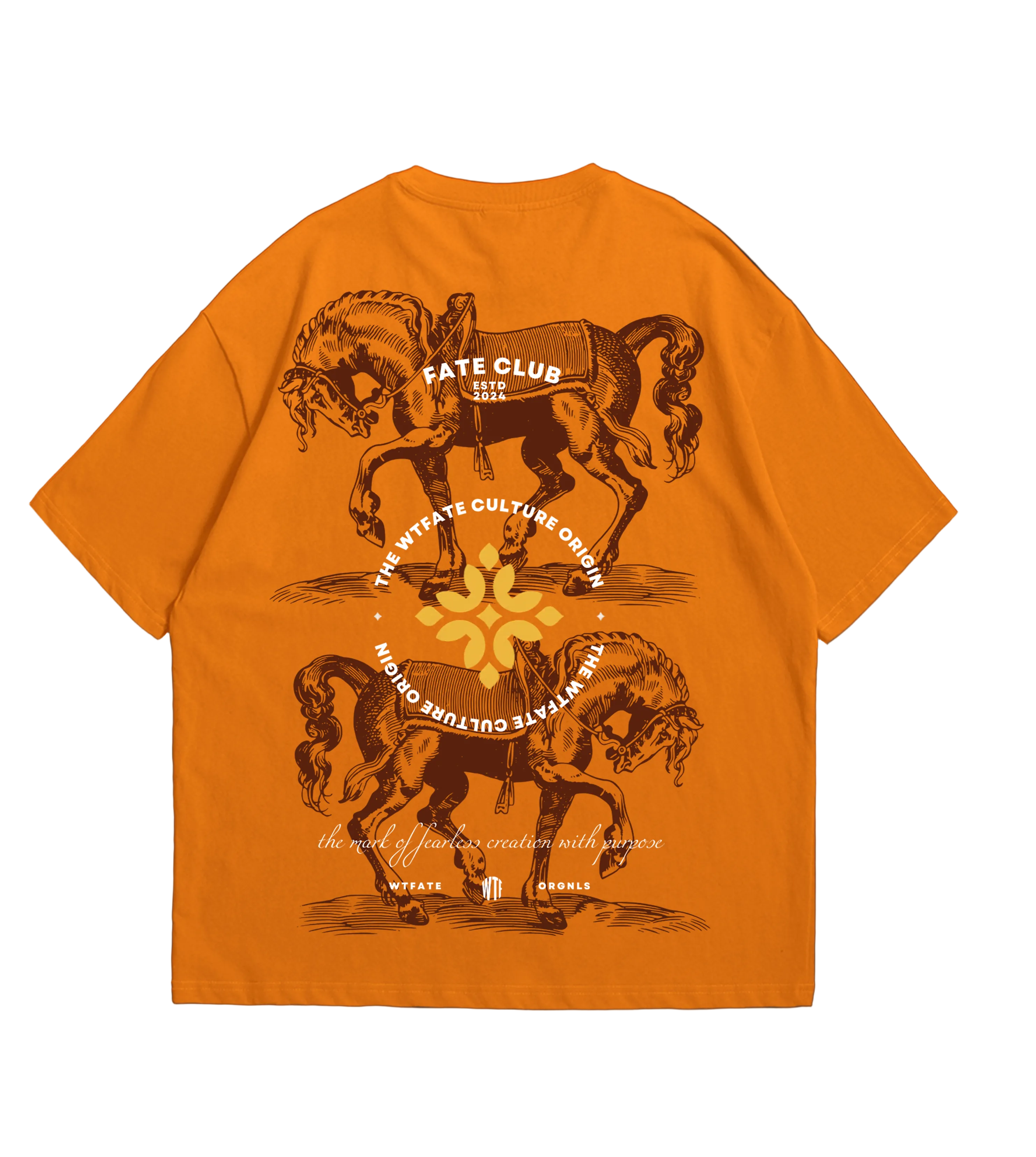 Orange t-shirt with horse graphic and text on a dark background