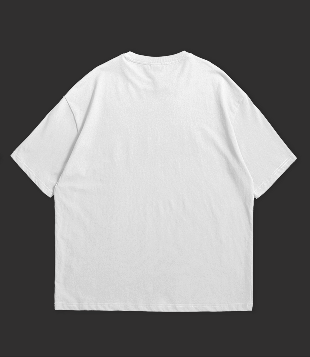 White t-shirt with a black race car graphic on the front and plain back, on a black background.